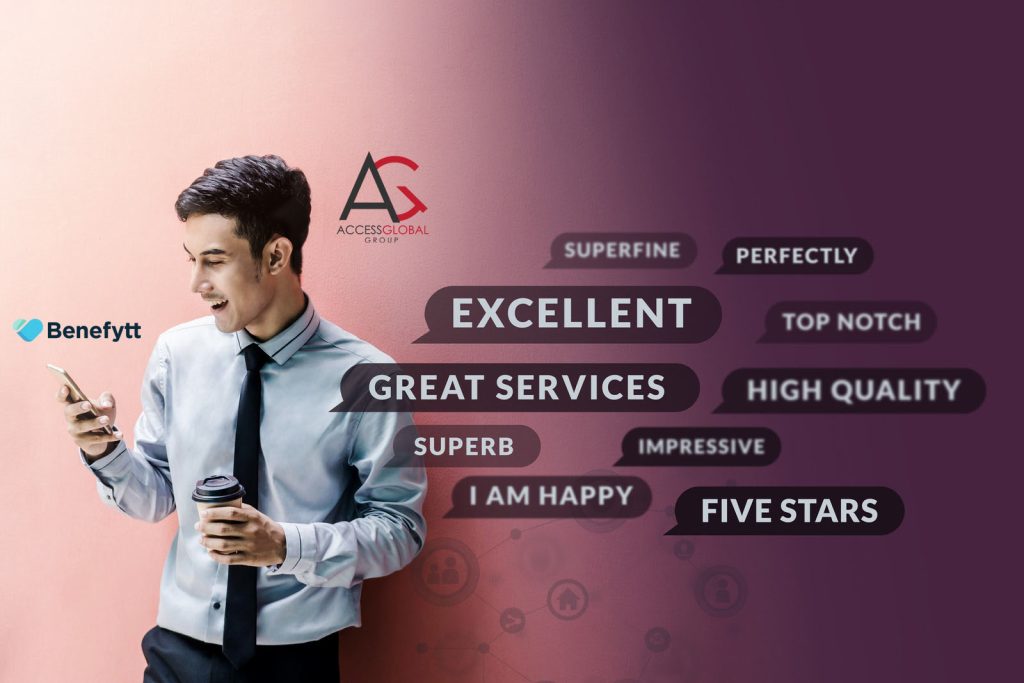 Customer Experience Concept. Happy Businessman using Smart Phone to Reading Positive Review or Feedback his Satisfaction Online Survey, Surrounded by Speech Bubble and Social Network icons